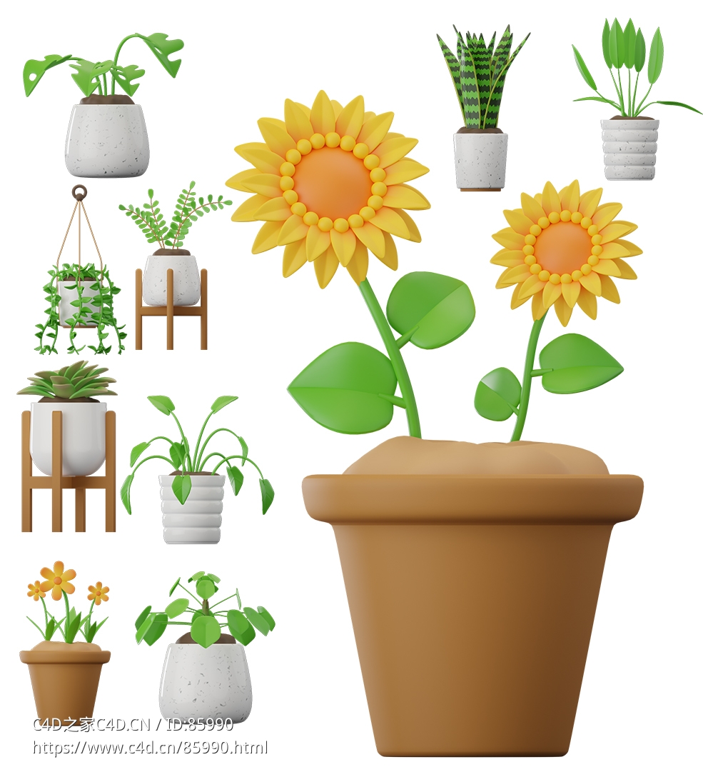 精美室内盆栽绿植3D模型合集 | 10款高品质卡通风格花卉植物C4D/FBX/OBJ素材