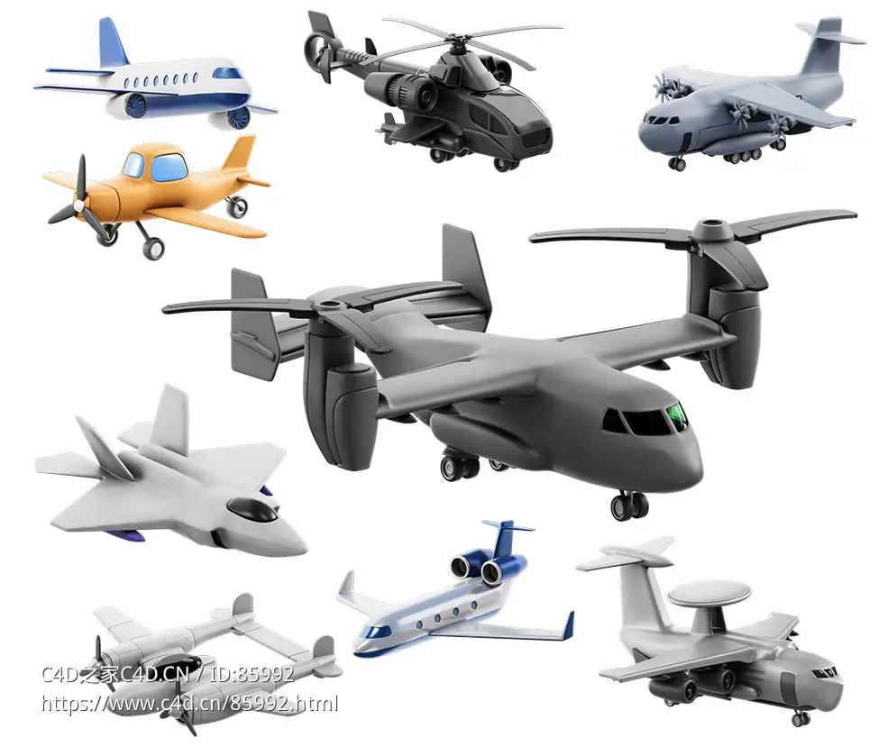 【高品质卡通航空器模型集】9款精美飞机直升机3D模型套装含战斗机运输机喷气机Cartoon airplane model