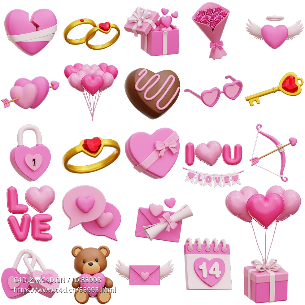 粉色浪漫情人节3D模型素材包24个立体元素爱心礼物巧克力气球丘比特弓箭三维图标素材 - C4D之家 - 1.jpg
