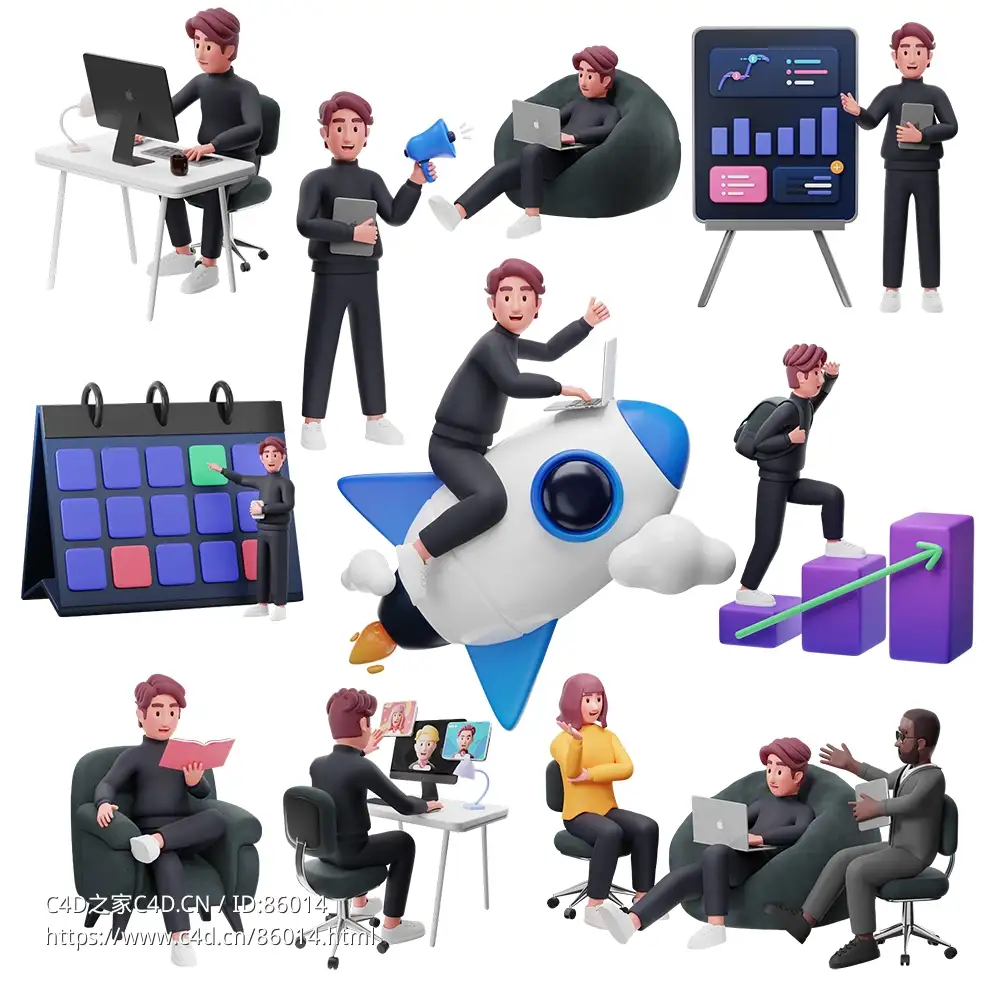10组创意办公情景3D卡通人物模型合集，全方位展示职场多元场景风格