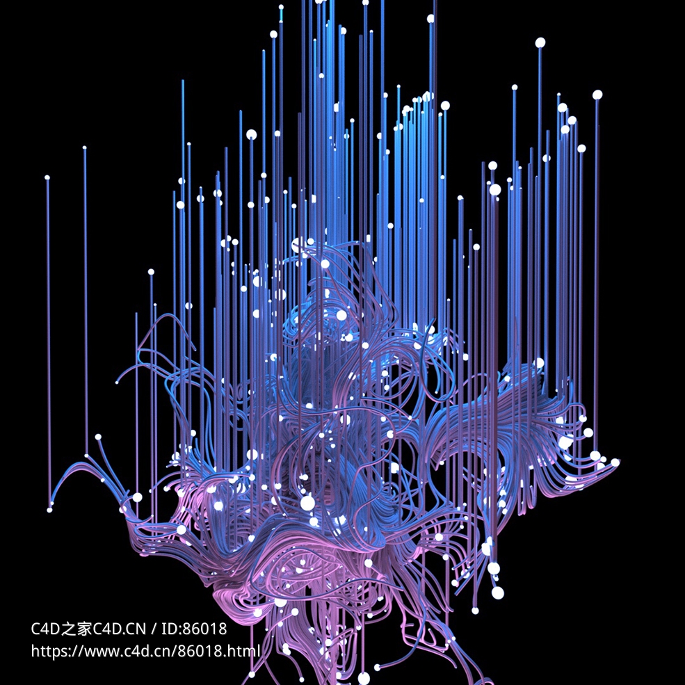 Cinema 4D X-Particles科技感蓝紫色射线生长动画工程文件高级粒子模拟特效场景MeshTools-mtRayline_xpEmitter_Source_R19-2023