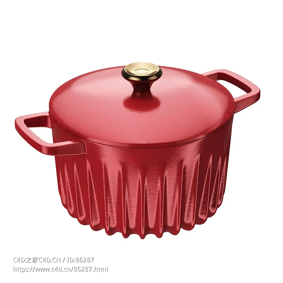红色带盖铸铁锅厨房用具3D模型素材下载Dutch Oven Pot With Lid Red by Fireup