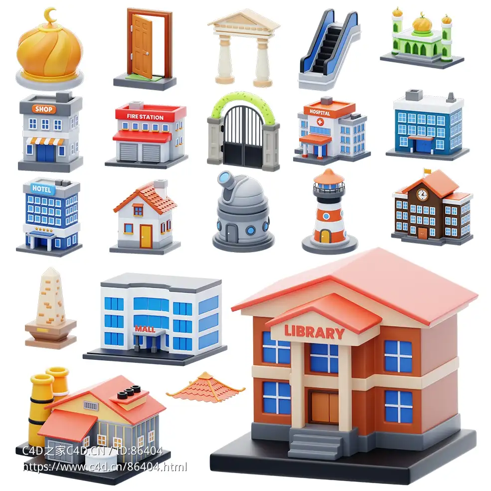 20套精美卡通城市街道3D建筑合集模型3D model of cartoon city street building