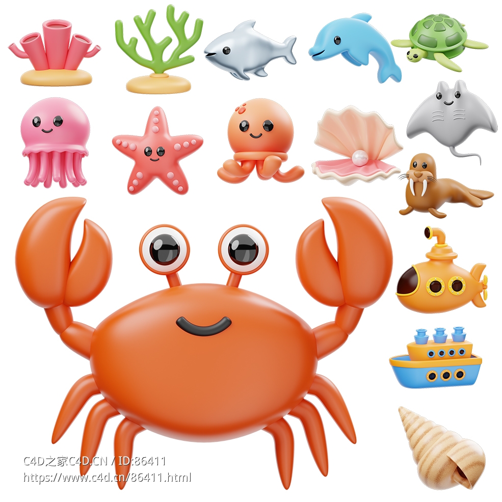 15款海洋生物卡通3D模型c4d格式合集下载适用于动画游戏设计和互动网页开发素材需求