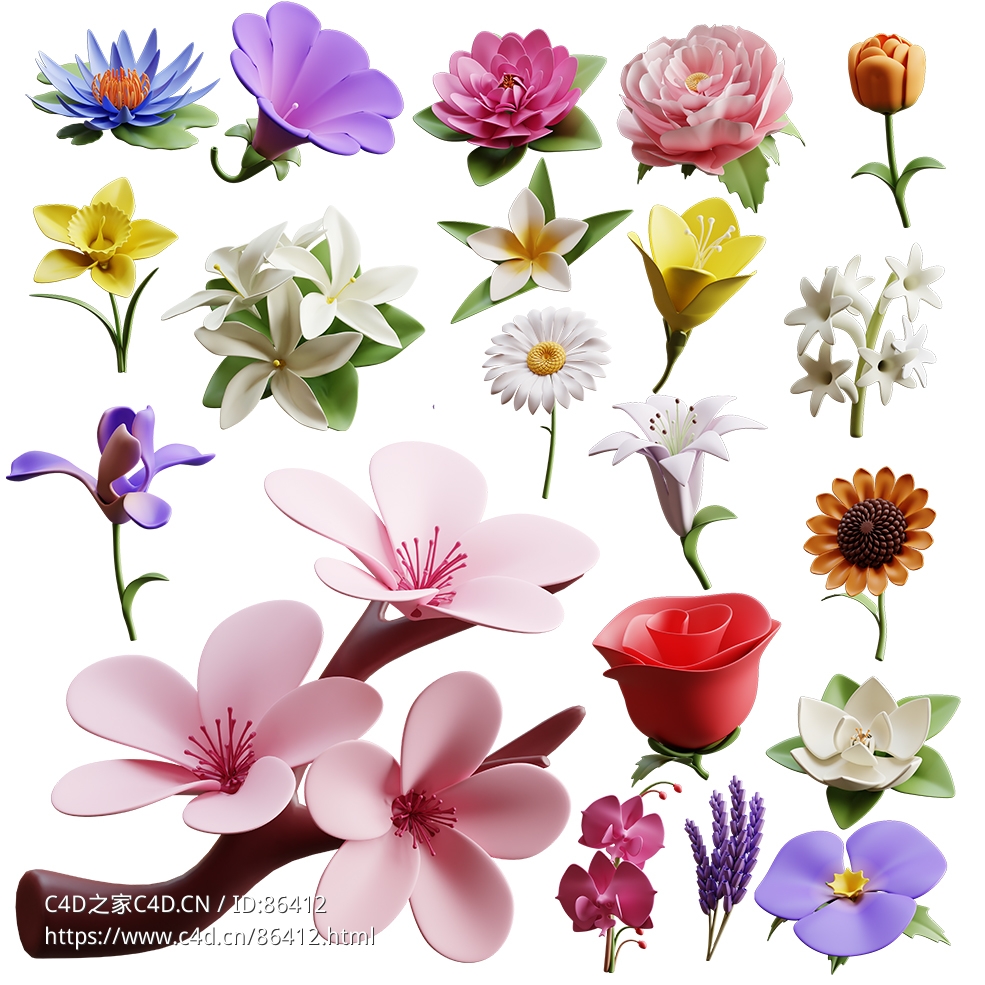 精选20种精致卡通花卉植物立体模型素材合集3D模型设计资源下载