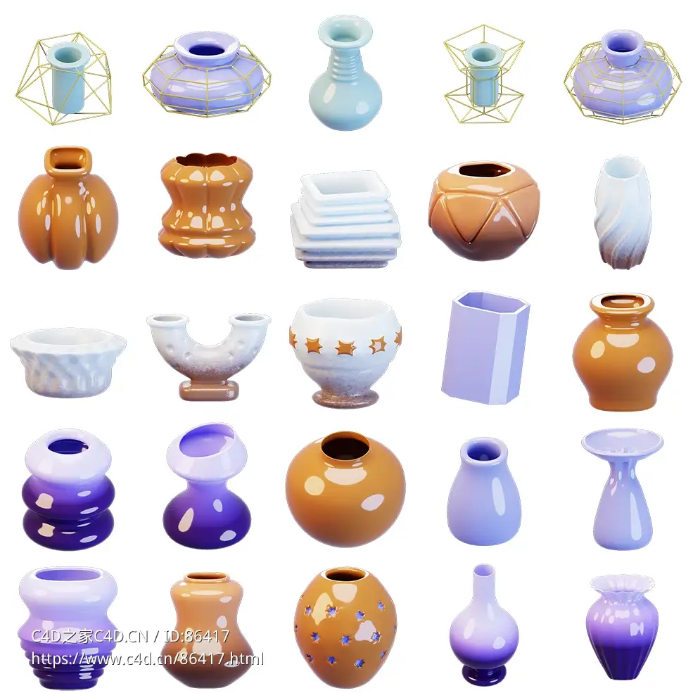 25款精致卡通装饰花瓶3D模型合集包含C4D/FBX/OBJ格式无材质白模适用于创意设计与场景布置