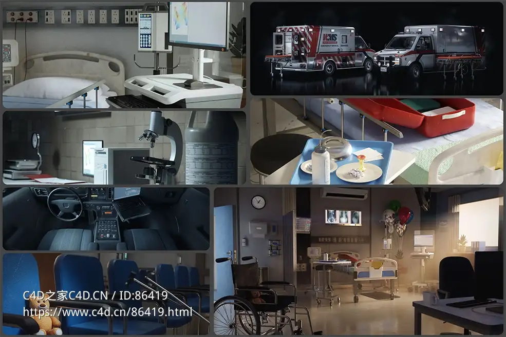 【超写实现代医疗救援场景3D模型套件】紧急响应套装含76组高精度医疗设备模型与32类环境元素，支持C4D/OBJ/Blender跨平台实时渲染KitBash3D - Emergency Resp... - C4D之家 - photo-collage(2).jpg