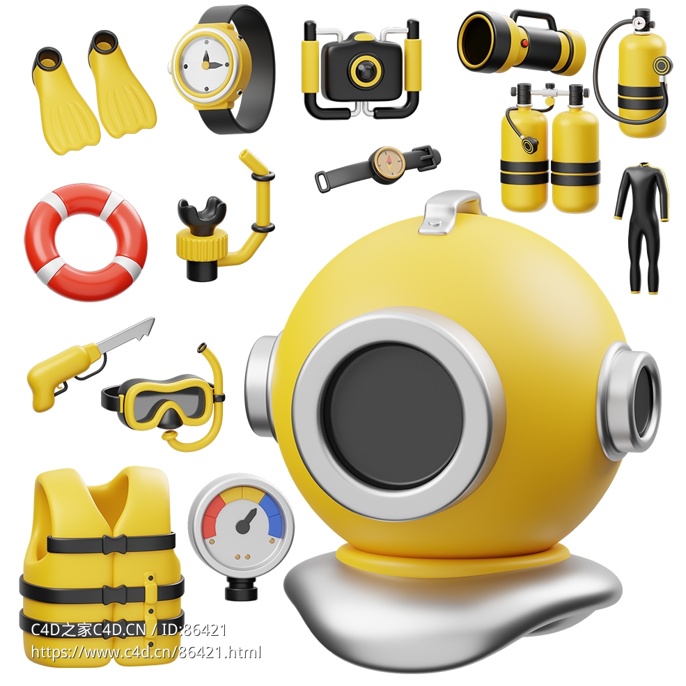黄黑撞色潜水装备3D模型矩阵15款高精度矢量图标涵盖呼吸系统安全防护探测工具全场景应用
