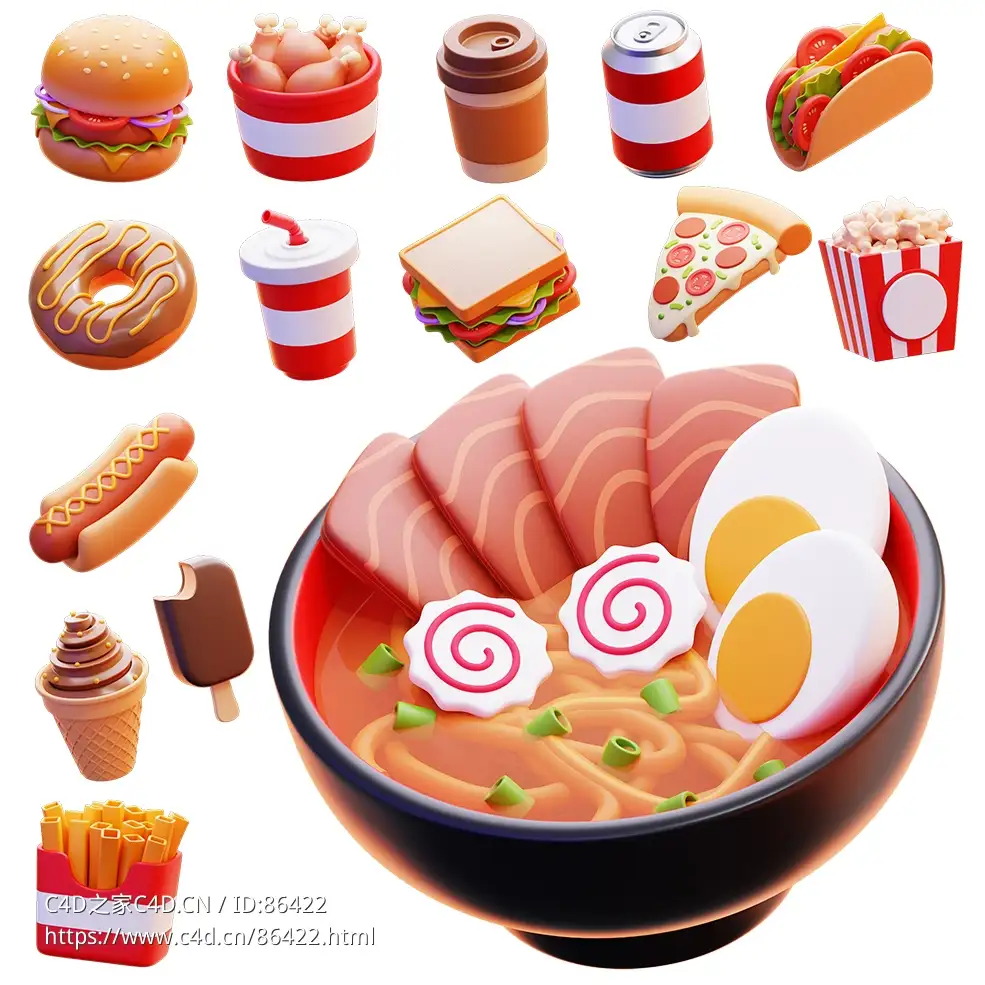 【超萌3D食物模型三连辑】汉堡炸鸡披萨冰饮全收录15款萌系风格餐饮素材助力游戏动画开发适用于C4D/Blender主流软件