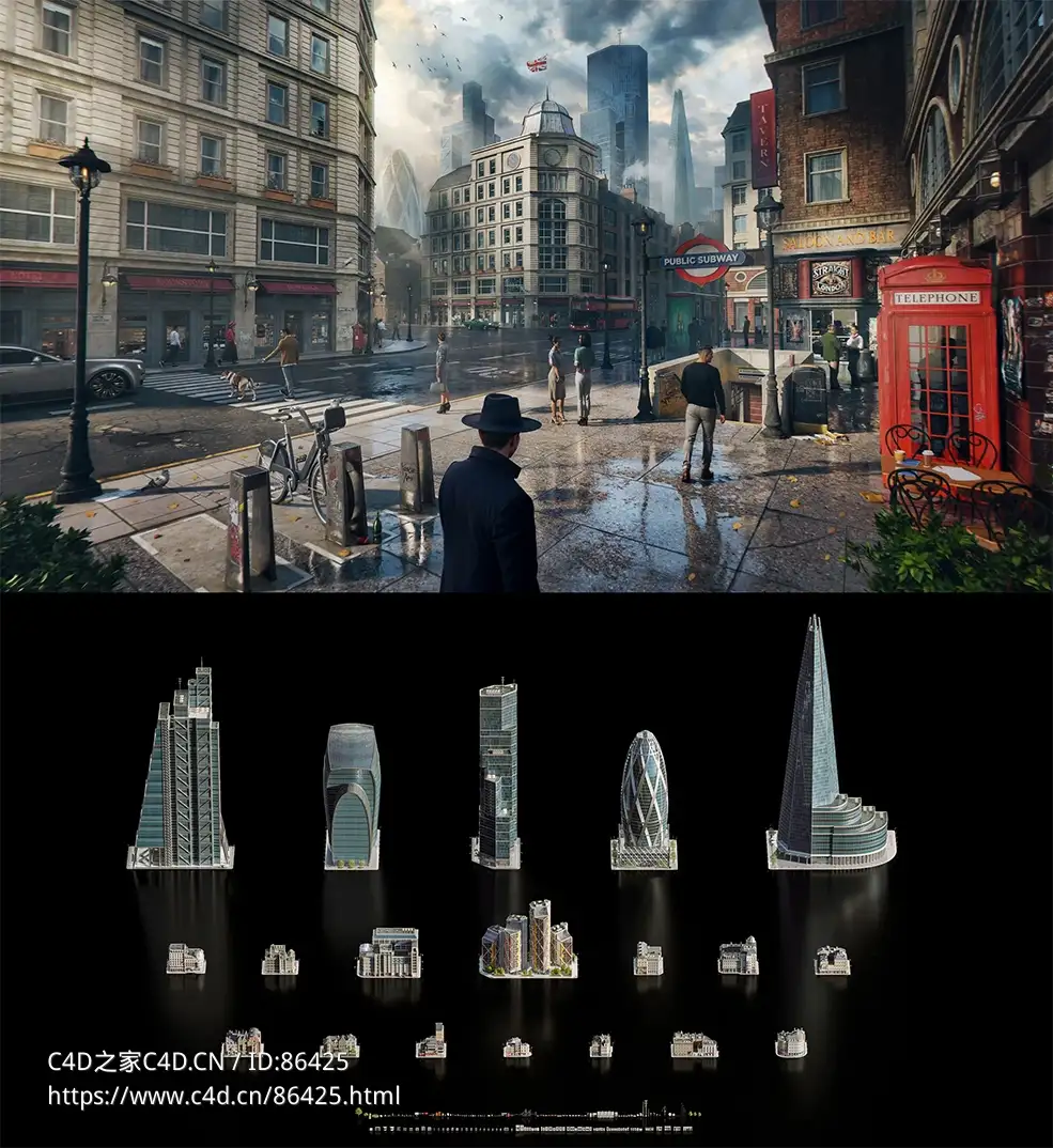 【超精细3D模型】英国伦敦现代建筑全套资产包 含摩天大楼/住宅/街道设施 C4D/Blender/OBJ多格式KitBash3D - London