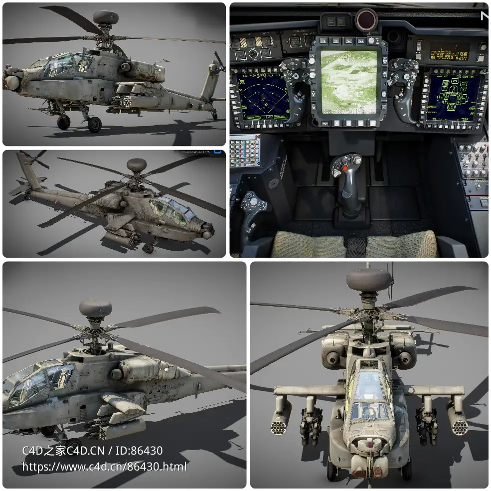 超高精度军用波音AH-64D阿帕奇长弓武装直升机3D模型带完整驾驶舱和武器系统