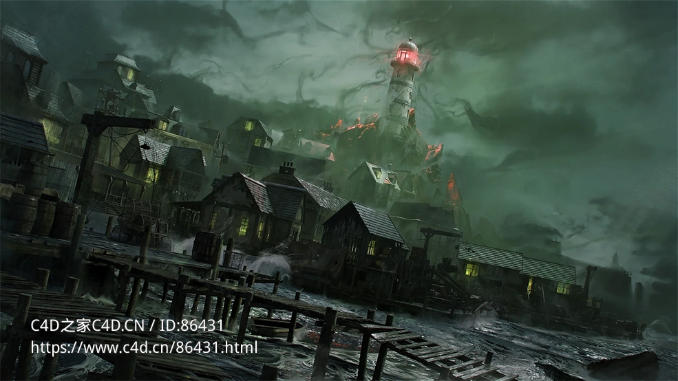 【Blender/C4D/OBJ】洛夫克拉夫特风格惊悚阴森恐怖小镇建筑模型资产包含完整贴图与材质