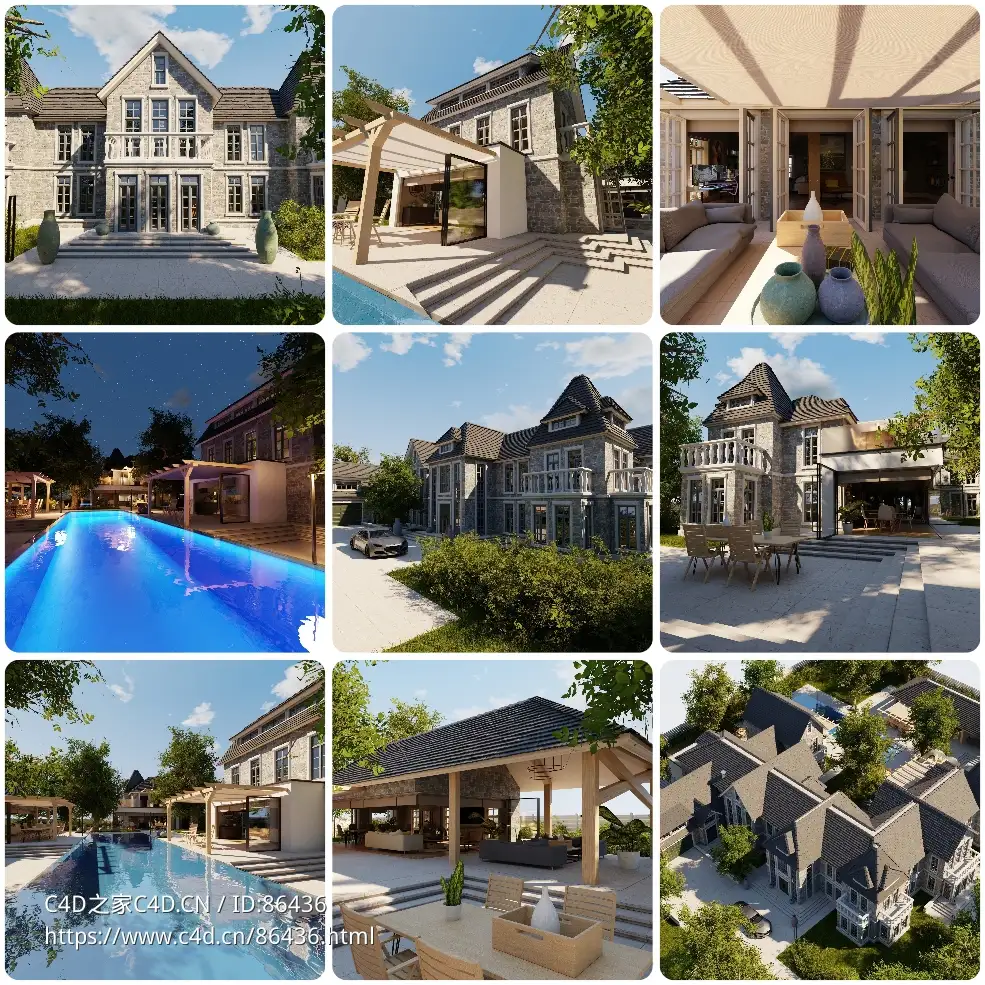 欧式别墅3D模型下载-含完整室内外场景/花园/泳池/多格式支持Large Mansion 2021 Blender Eevee and Cycles 1 3D model