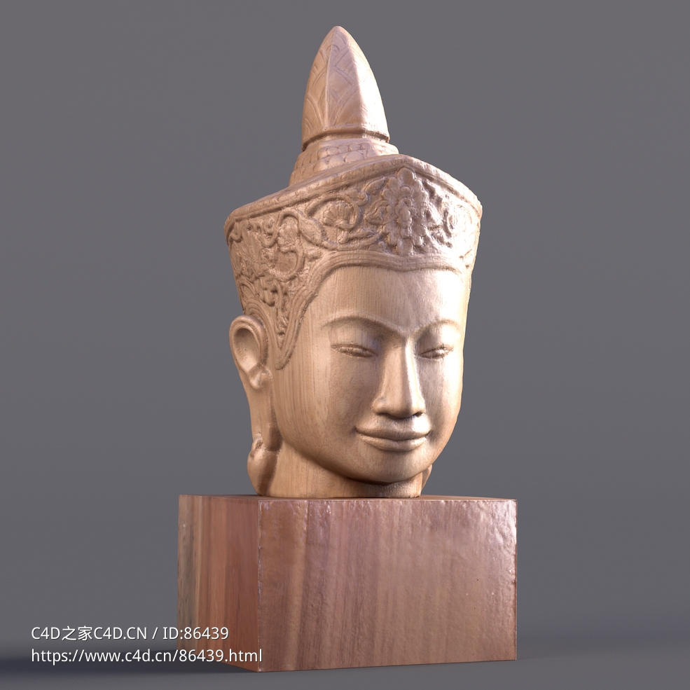柬埔寨吴哥时期佛头木雕像高精度三维模型文件-适用CG场景渲染与3D打印（OBJ/c4d/blender） - C4D之家 - 1.jpg
