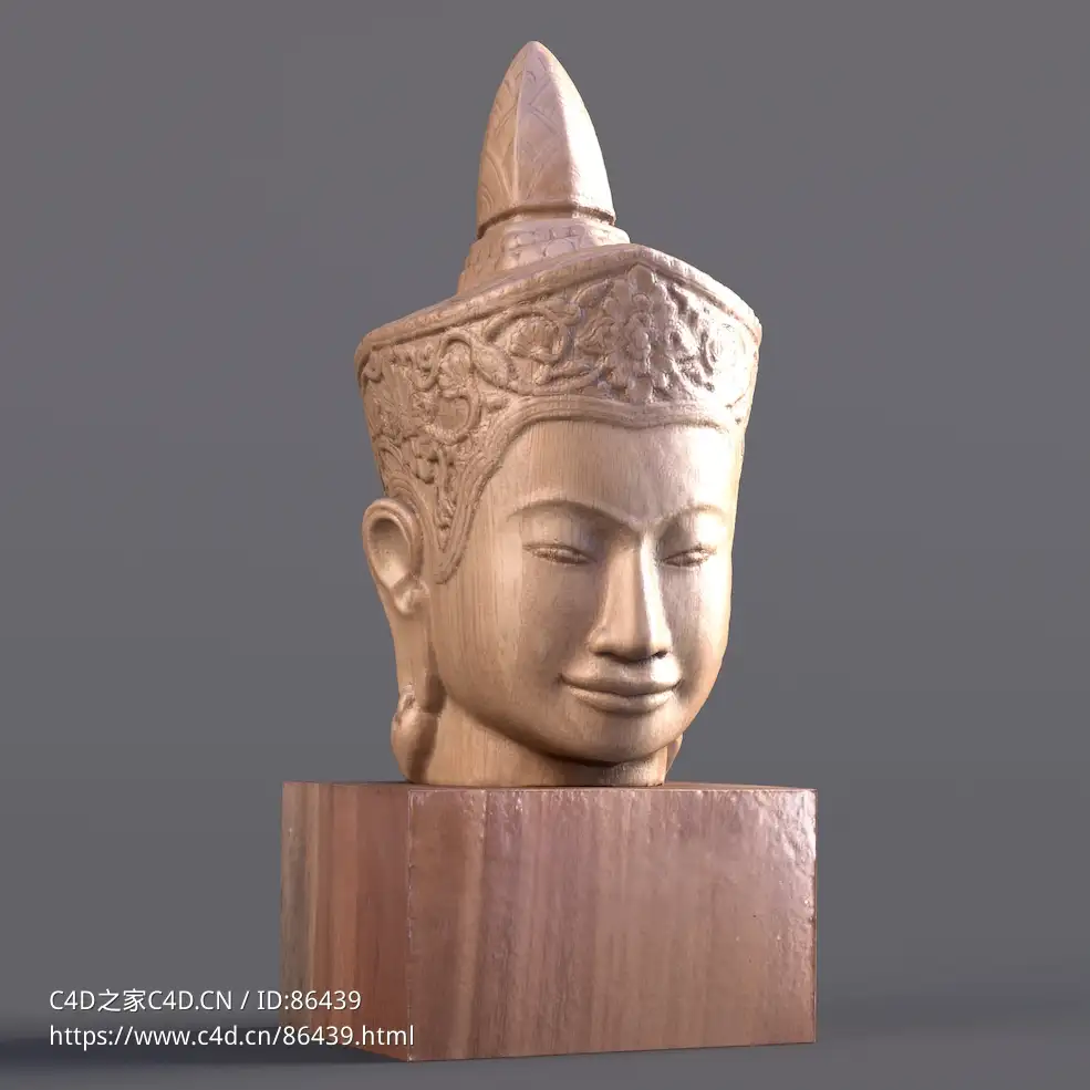 柬埔寨吴哥时期佛头木雕像高精度三维模型文件-适用CG场景渲染与3D打印（OBJ/c4d/blender）