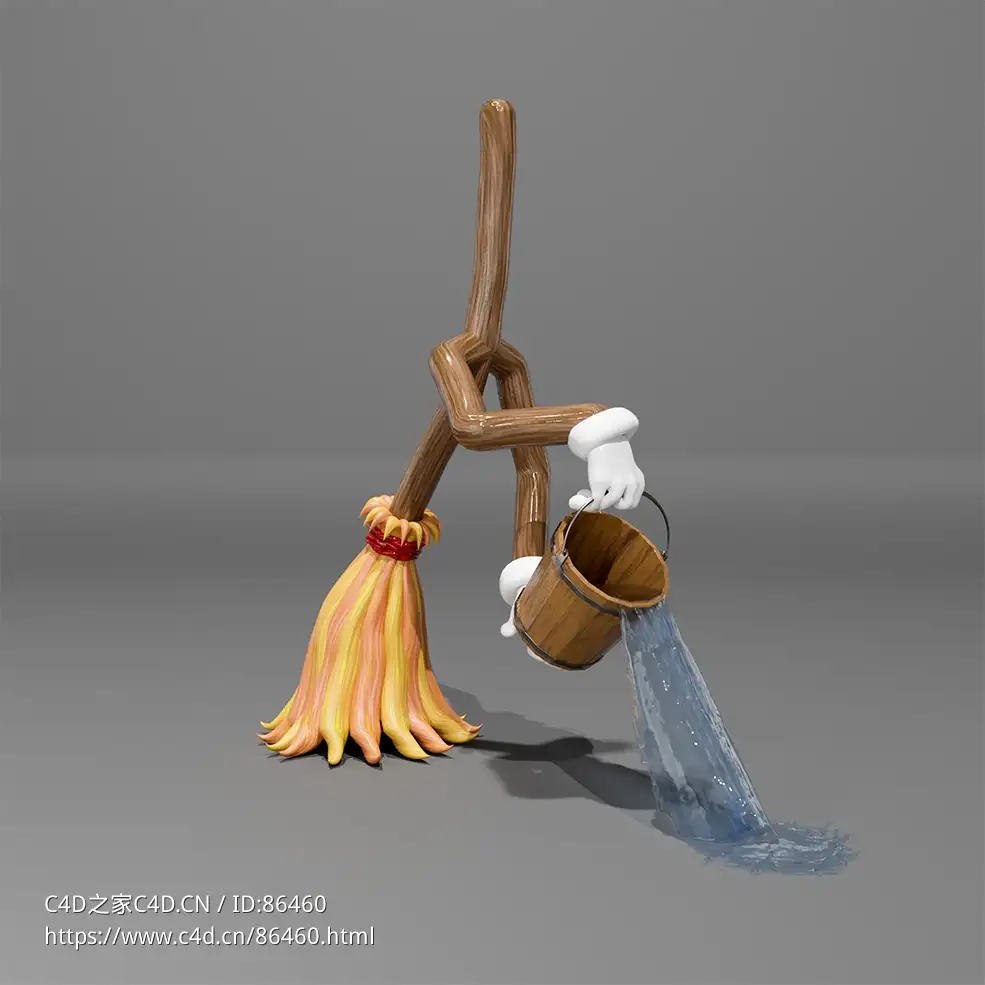 卡通魔法清洁工会动扫帚角色带木桶水流效果三维模型Blender/C4D/OBJ格式含完整贴图材质Cartoon Broom Pours Water