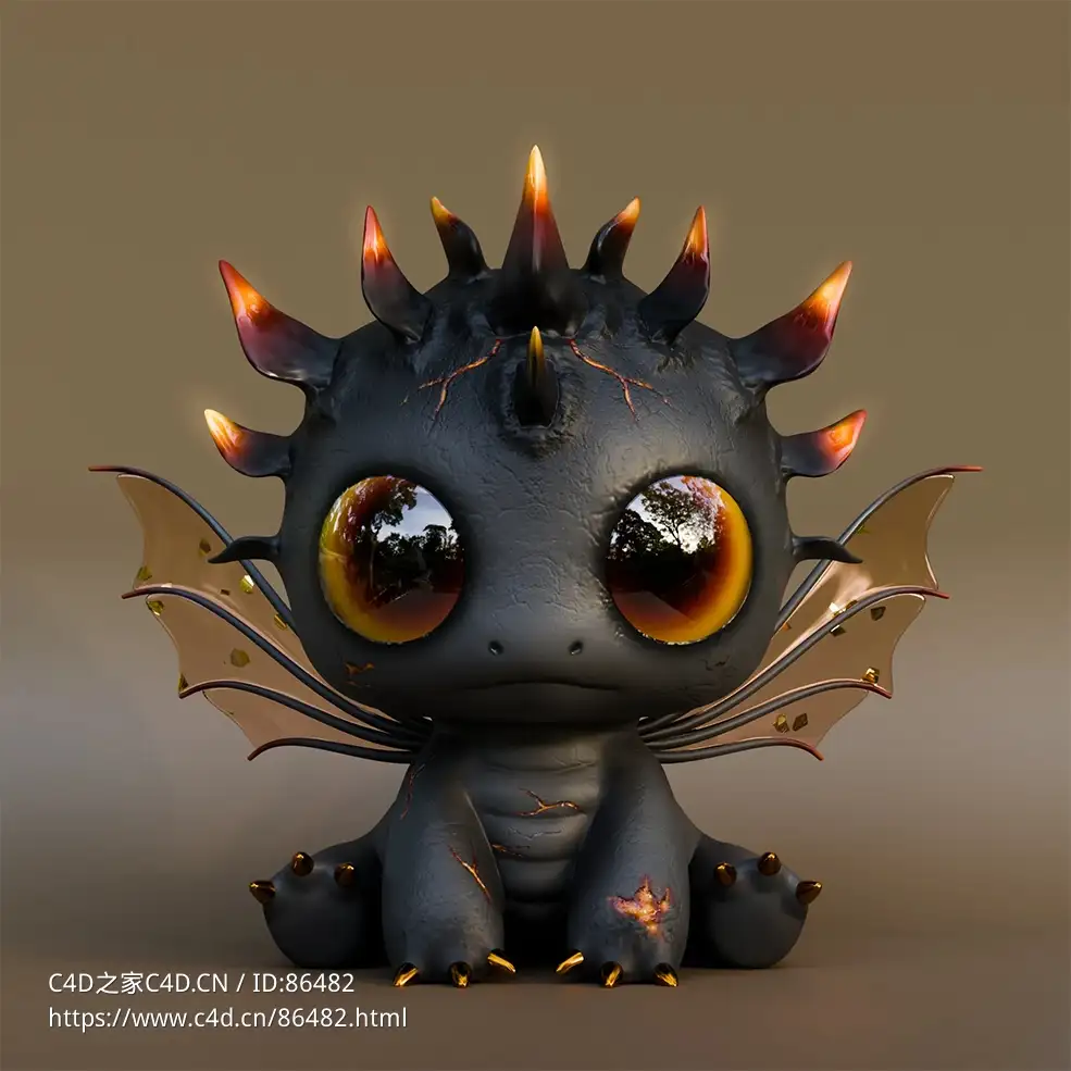 可爱暗黑风格Q版地狱幼龙3D模型Inferno Dragon含3种格式动画绑定+贴图材质