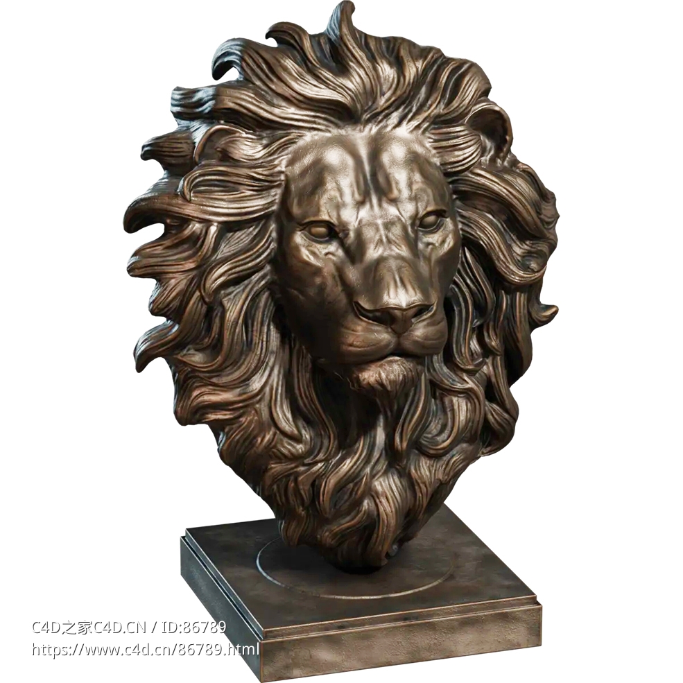 写实风格狮子头铜雕塑摆件工艺品模型C4D/OBJ/Blender格式含完整贴图材质源文件Lion Head