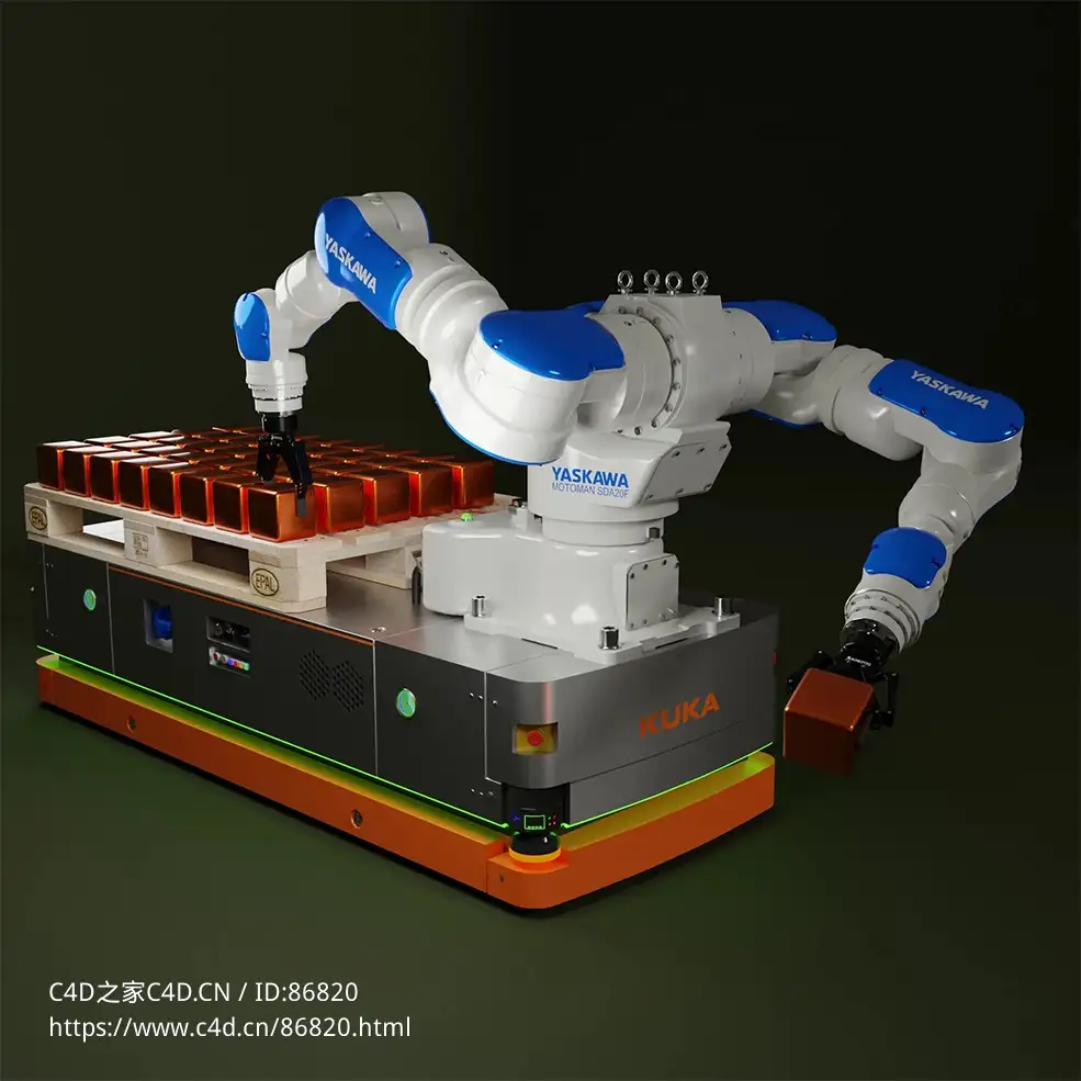 工业机器人装配机械手臂Yaskawa Sda20f双臂机器人搭载KUKA Kmr1500移动平台3D模型下载Yaskawa Sda20f On Kuka Kmr1500