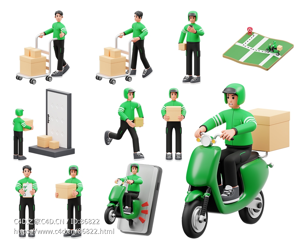 现代快递行业场景3D人物角色模型合集包含快递员送货上门推车骑车等11个精品场景