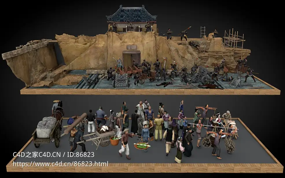 写实风格古代攻城战役战斗场景士兵人物角色城墙古建筑模型3D素材C4D格式影视游戏模型