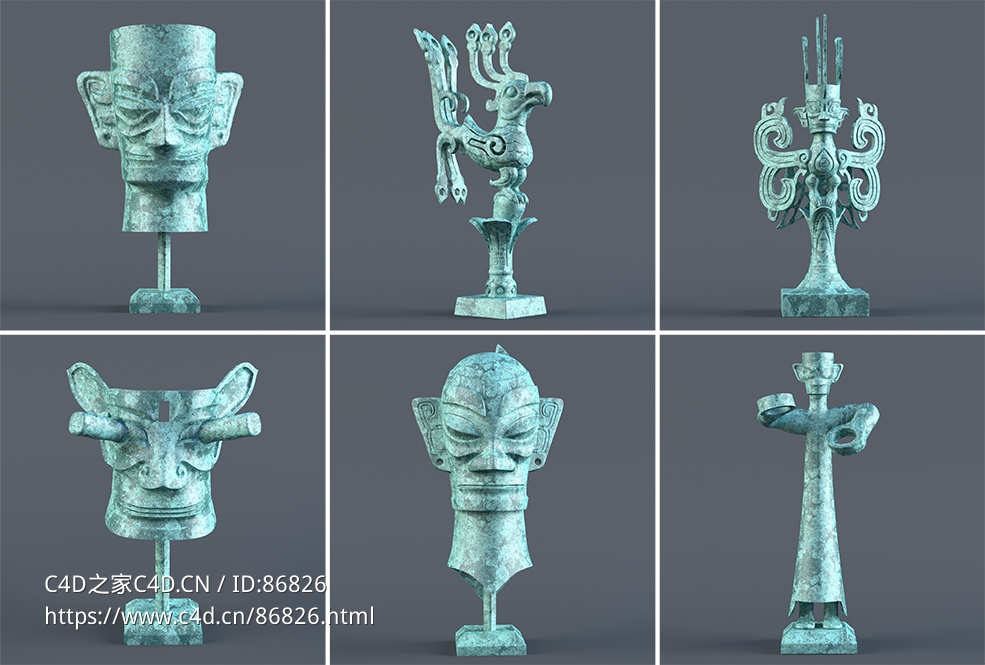 三星堆出土青铜器神面具人像鸟形立柱三维模型合集含完整贴图材质多格式源文件下载