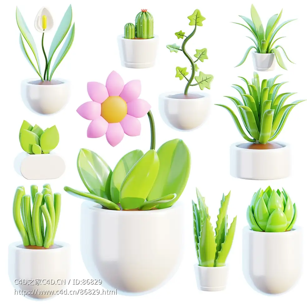 10盆高质量卡通盆栽植物3D模型集合适用于室内设计游戏开发动画制作场景渲染