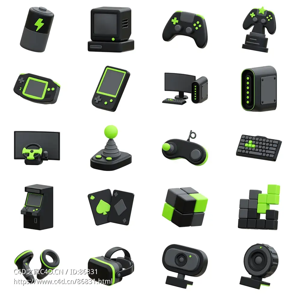 黑绿双色游戏设备3D图标模型合集 - 20款复古与现代融合的游戏周边高清三维素材