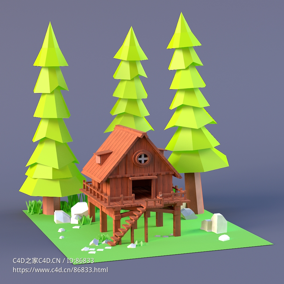 C4D卡通清新低面树屋场景模型简约日式庭院小房子树木场景儿童游戏动画电影素材