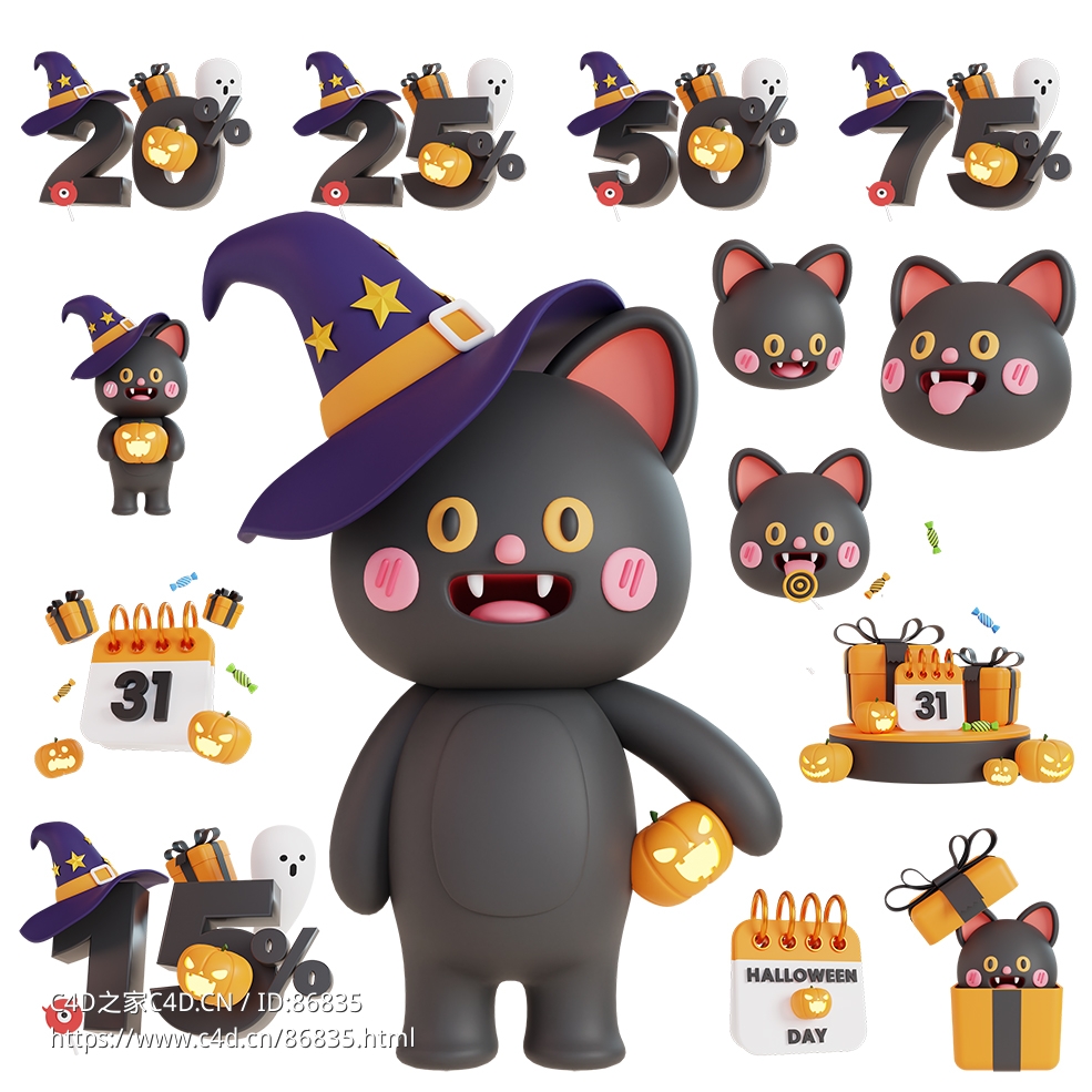 14套万圣节可爱黑猫卡通形象3D模型素材含完整贴图材质源文件下载