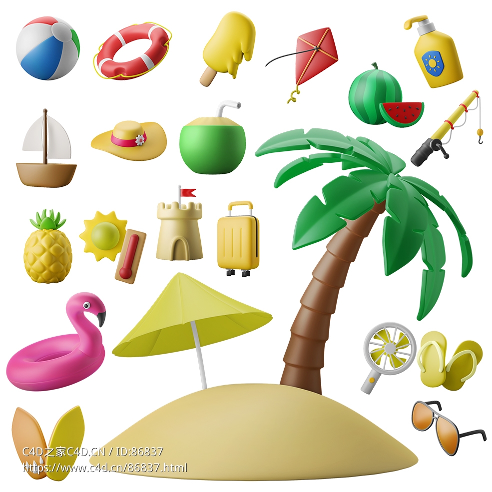 夏日沙滩度假主题3D模型合集下载-含冲浪板救生圈火烈鸟沙堡椰子树等20个模型