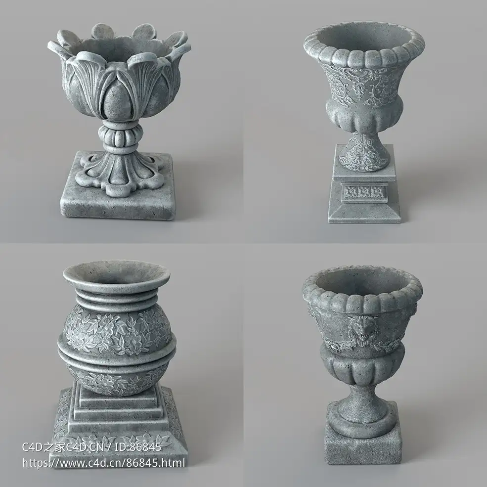 精美欧式古典风格花坛3D模型套装 四款典雅石雕花器园林装饰素材下载 - C4D之家 - 1.jpg