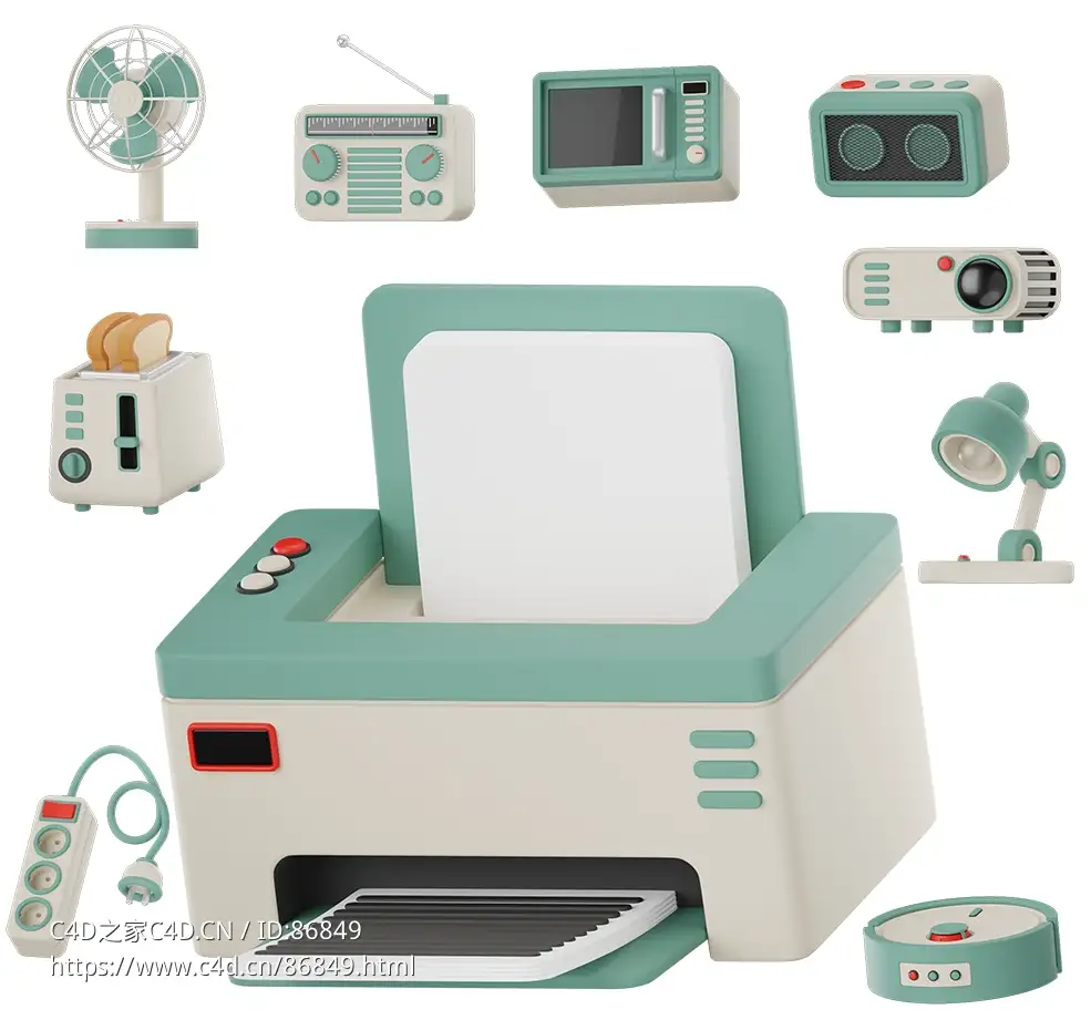 精品卡通小家电3D模型素材合集，包含风扇微波炉收音机烤面包机台灯等十件常用家用电器立体模型
