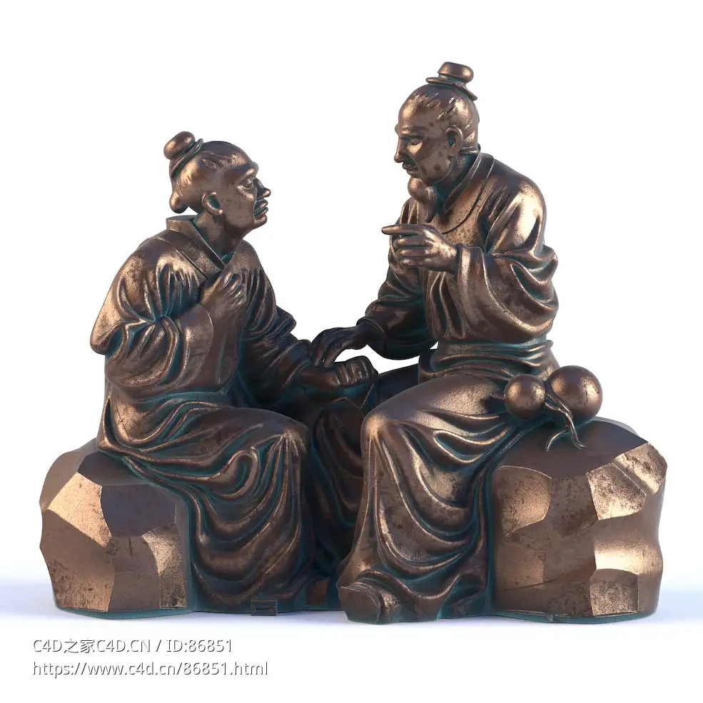 极具中国古代医学文化气息的名医为患者把脉诊治铜像高精度三维模型资源下载