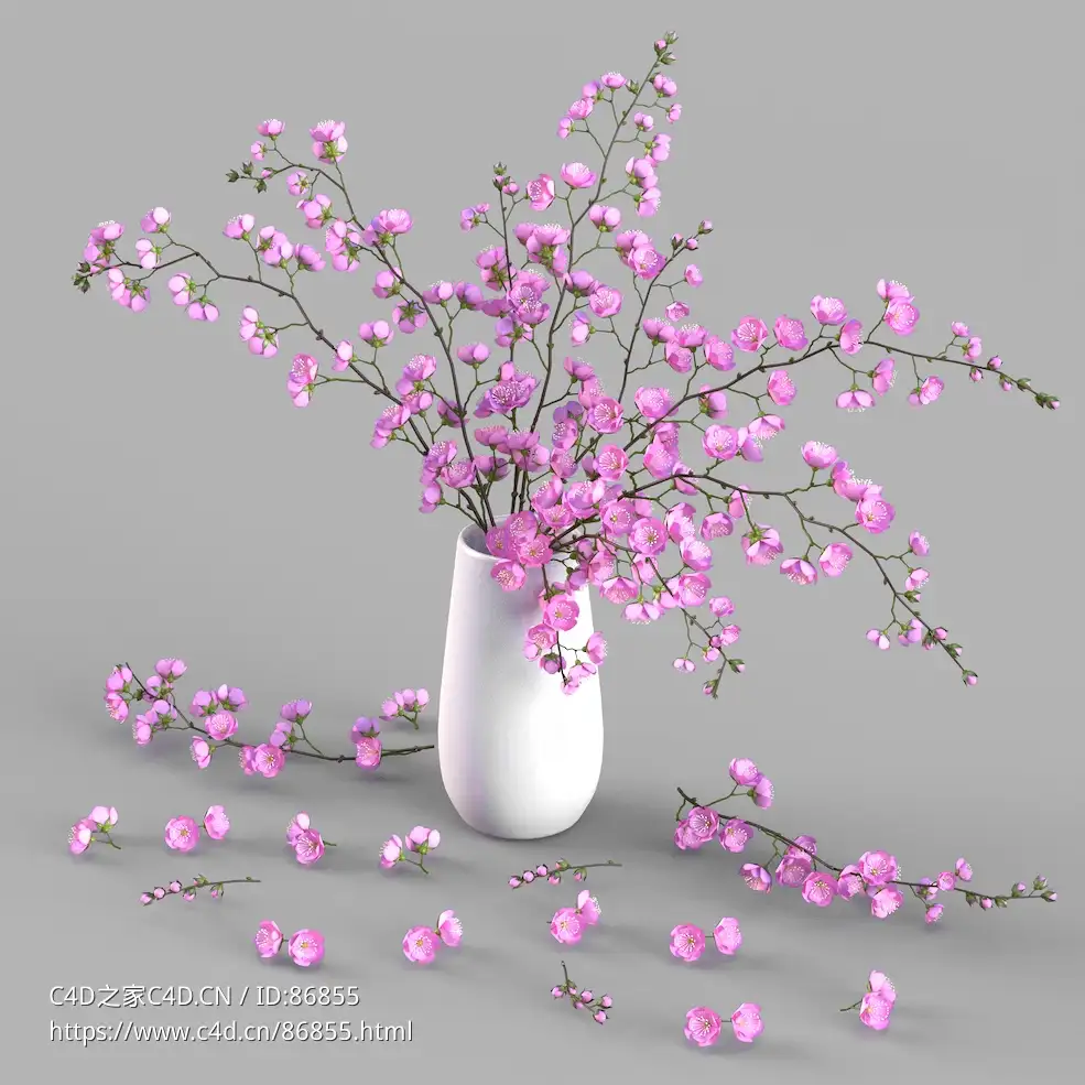 高精度粉色桃花插花花瓶三维模型下载含多格式文件与高清PBR贴图适用于家居装饰与建筑可视化渲染