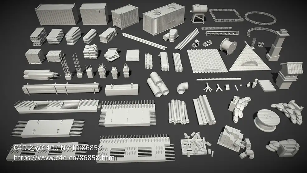 超全66款工地建筑原材料三维模型资源包下载涵盖集装箱混凝土钢筋木材瓦片砖块等多种施工用品