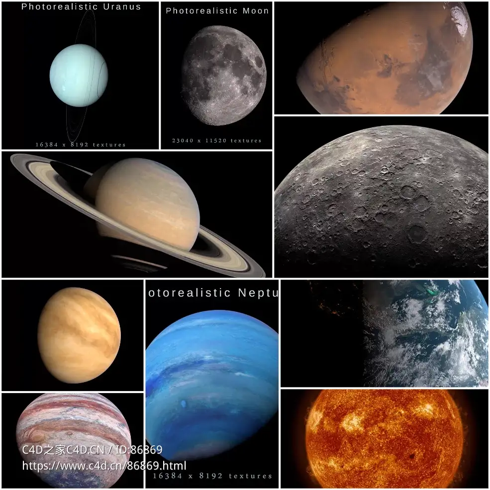 超高清写实太阳系行星地球太阳月球火星水星土星金星木星天王星海王星3D模型Blender MAX FBX OBJ多格式资产包下载Photorealistic Solar System