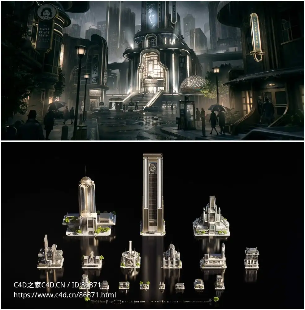 黑色复古未来主义高楼地标建筑的高精度3D模型资产包KitBash3D - Noir Futurism支持C4D/Blender/OBJ多平台格式 - C4D之家 - compressed_photo-collage(1).jpg
