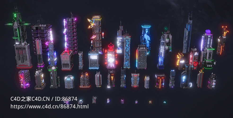 赛博朋克未来科幻霓虹摩天楼295款高精度3D建筑模型资产包高兼容Blender/C4D/OBJ格式GT MetroPunk Neon Skyscrapers
