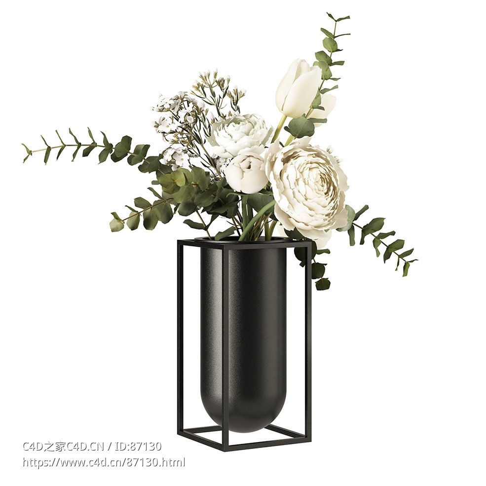 Kubus Lolo 带花卉花瓶装饰花瓶3D模型素材下载Kubus Lolo Vase with Flowers by Lasse