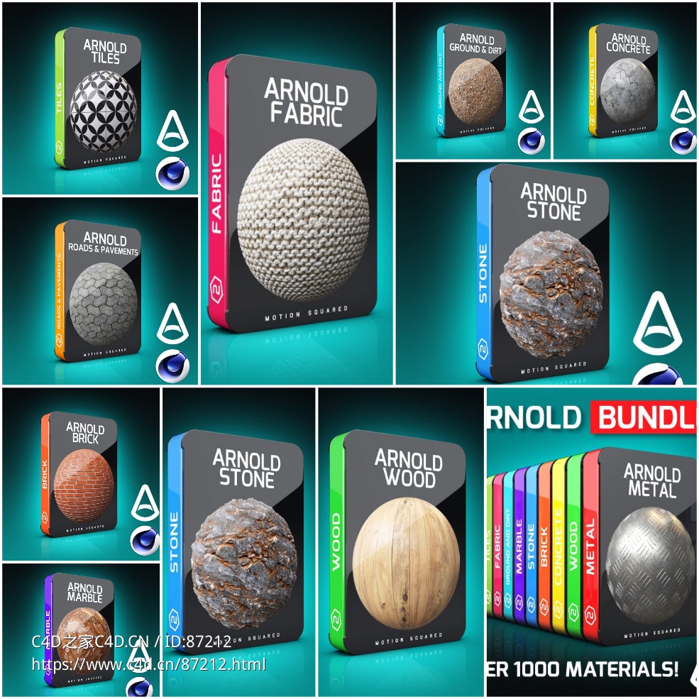 Cinema 4D专业Arnold阿诺德渲染器高品质材质贴图预设包 超过千组4K无缝PBR金属布料木纹等素材合集Arnold Material Packs Bundle for Cinema 4D