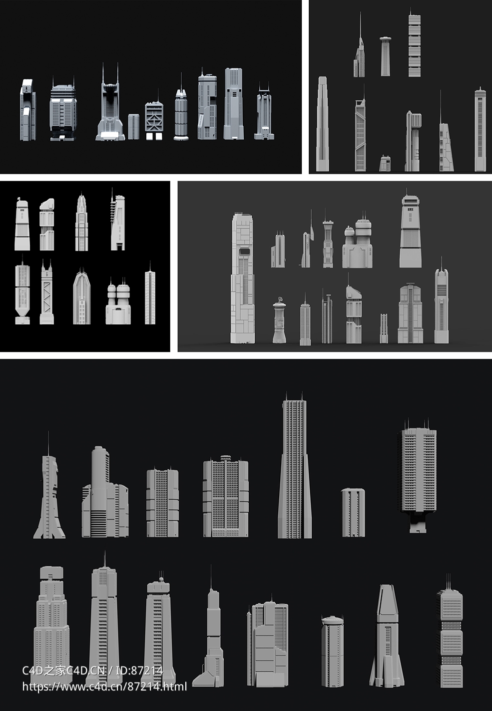 71组赛博朋克风格未来科幻摩天大楼住宅建筑3D模型包下载_含71组多格式高层建筑资产_适用于动画影视游戏可视化设计Artstation - 71 Sci-Fi Skyscrapers and Res...