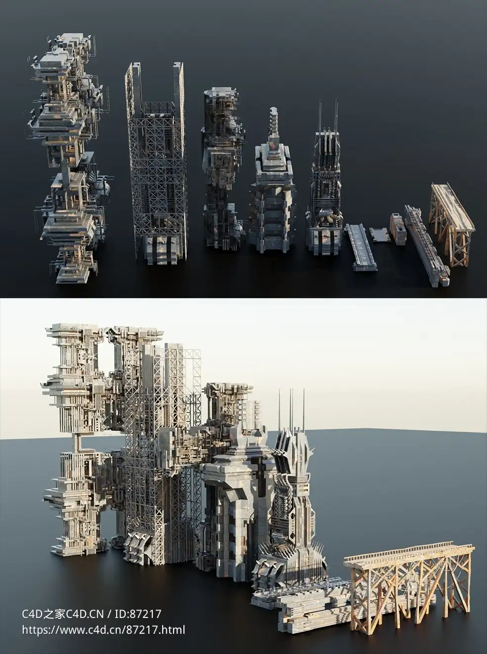 超高精度末世科幻风格基建设施建筑群3D模型合集支持多格式含锈蚀金属废墟住宅桥梁等素材下载Kyu & Zo - Old Dystopic Buildings Set