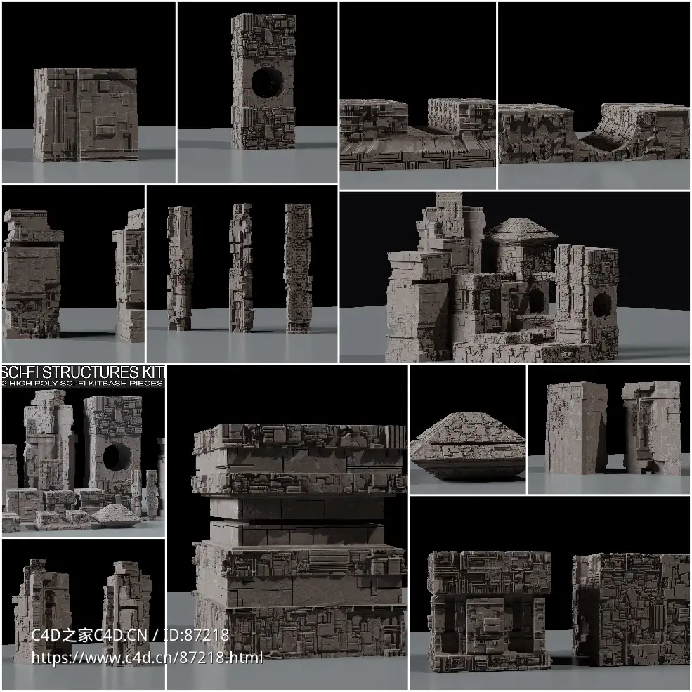 高精度赛博风格异星文明失落古遗迹3D模块化场景资产套件模型包适用于影视动画游戏环境搭建 Ancient Sci-Fi Kitbash 3D Assets