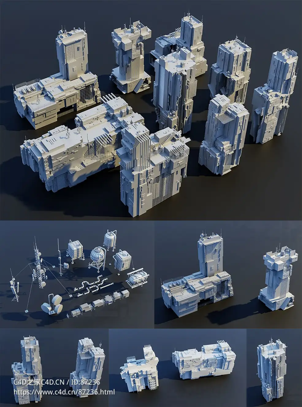 震撼未来科技感城市建筑3D模型资源包——高精细科幻高楼大厦与屋顶配件合集免费下载Futuristic City Pack Vol 1