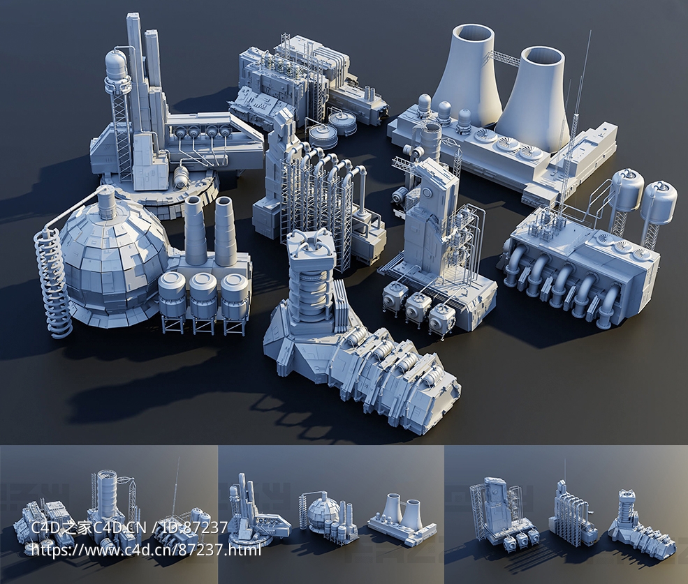 超高精度现代与科幻工业工厂设备建筑三维模型套装含多格式与PBR贴图适用于游戏动画可视化项目下载Futuristic City Kitbash Factory Vol 2
