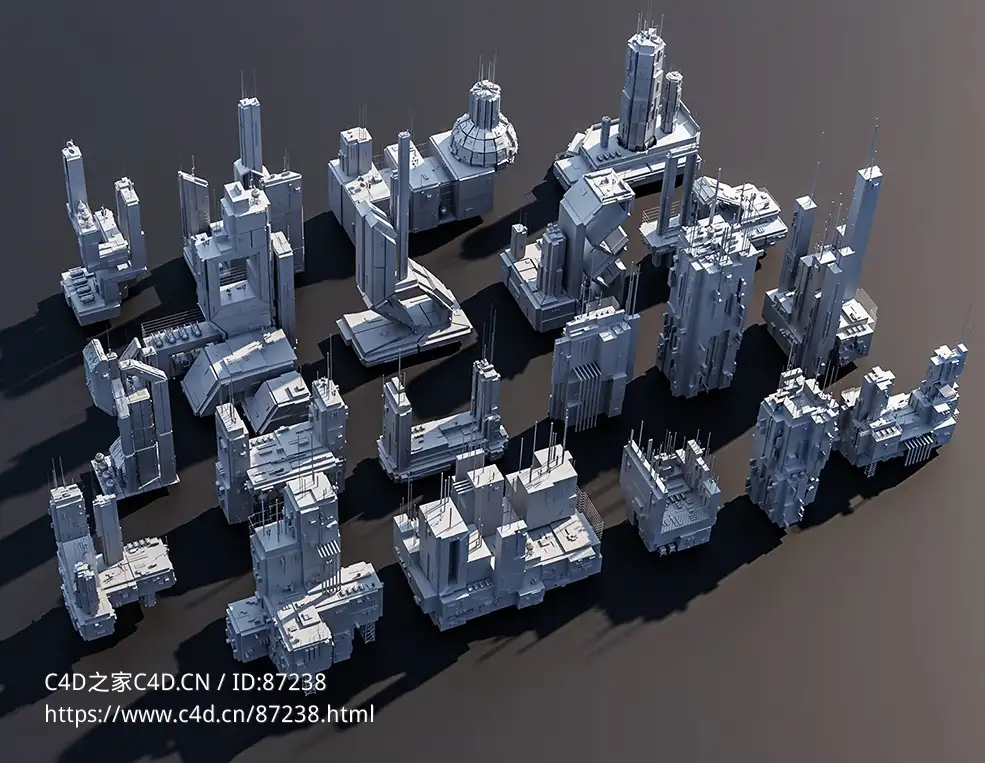 未来科幻城市建筑3D模型套装_20组高精度未来感都市楼宇Blender/C4D/OBJ格式_含贴图材质多样组件下载资源 Futuristic City Building Pack Vol 3