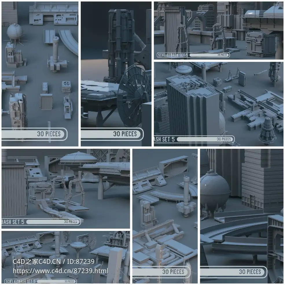 科幻工业城市3D建筑低多边形模型套装 含30组城市部件 适用于C4D/Blender/OBJ格式 支持游戏与影视场景设计下载CGTrader - Sci-Fi Dressing Kitbash Set 5