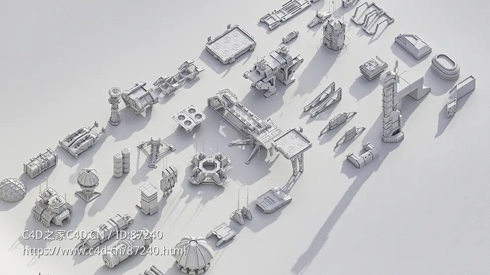 超高精度未来风格科幻建筑模块化套件包3D模型合集115件（含C4D/OBJ/Blender格式及PBR材质贴图资源下载） Sci-Fi Buildings Modular Kitbash Pack