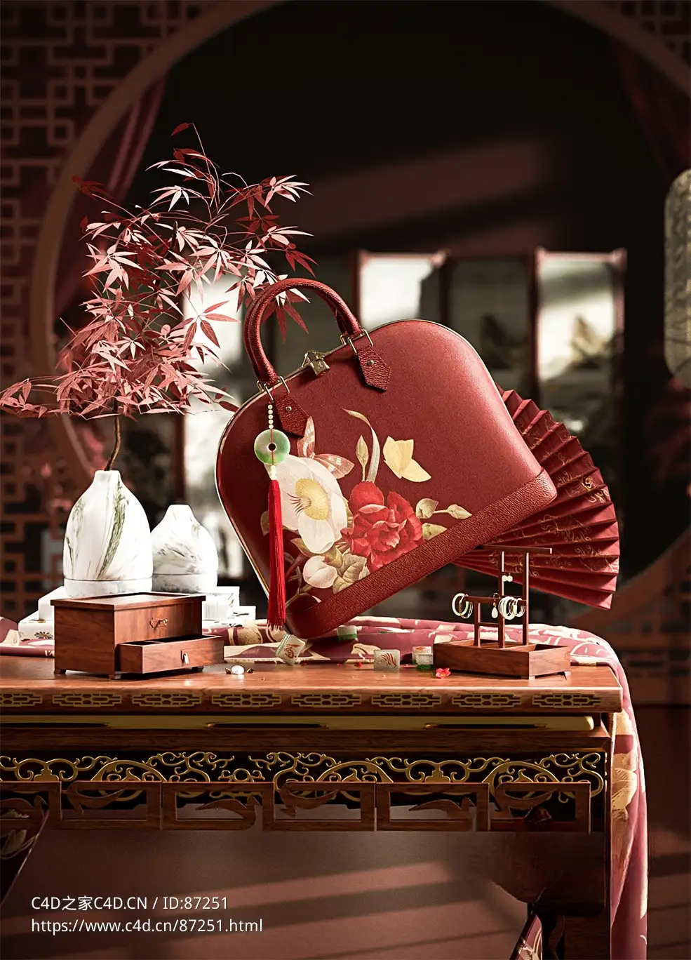 超高精度C4D Octane中国风女包中式古典场景3D模型素材包含贴图材质家具器物完整渲染资产下载